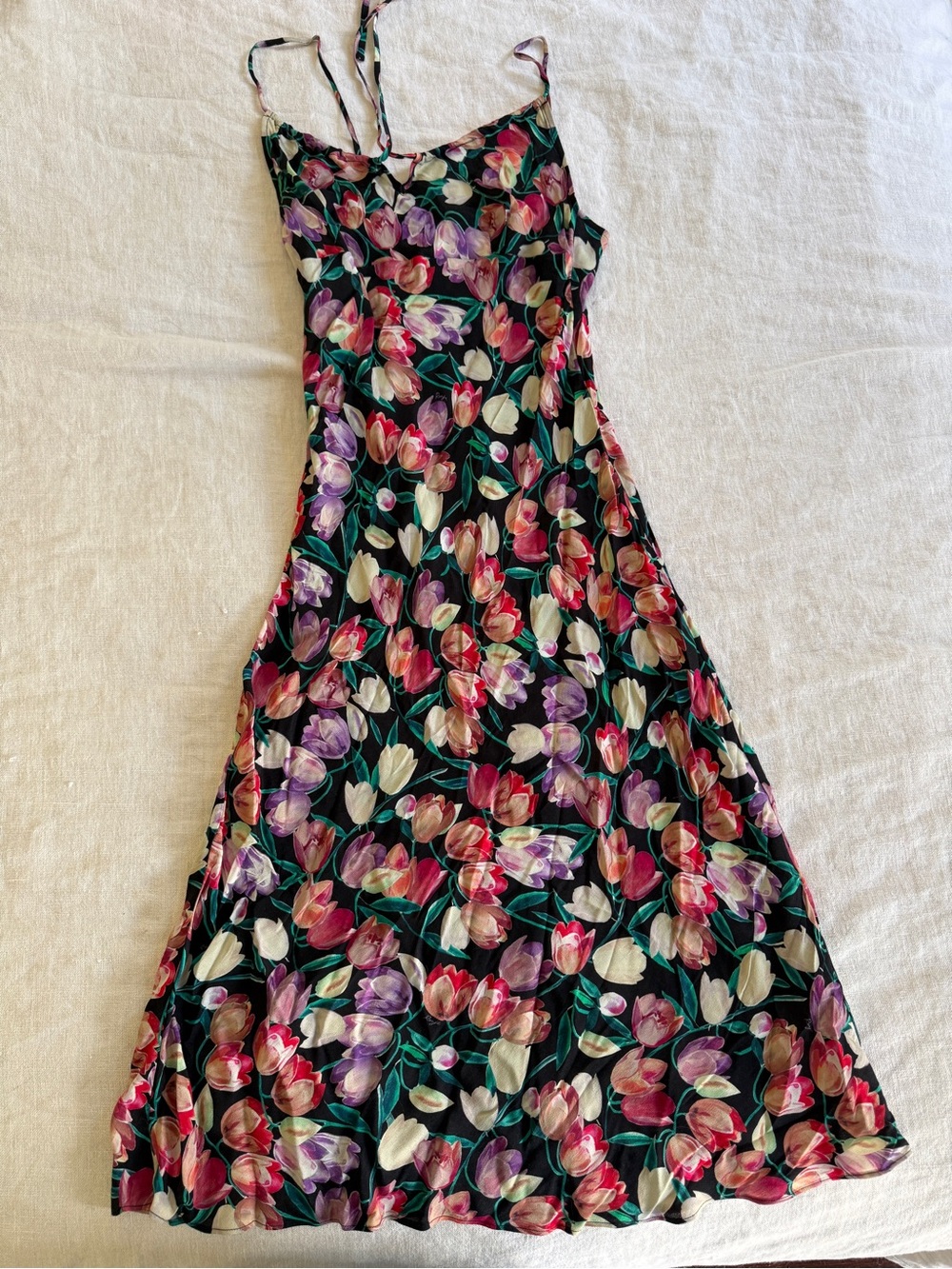 Rouje Floral Slip Dress in Black with Pink & Purple Tulips